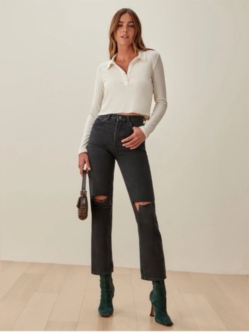 Reformation Lagoon Destroyed Black Distressed Straight-Leg Jeans